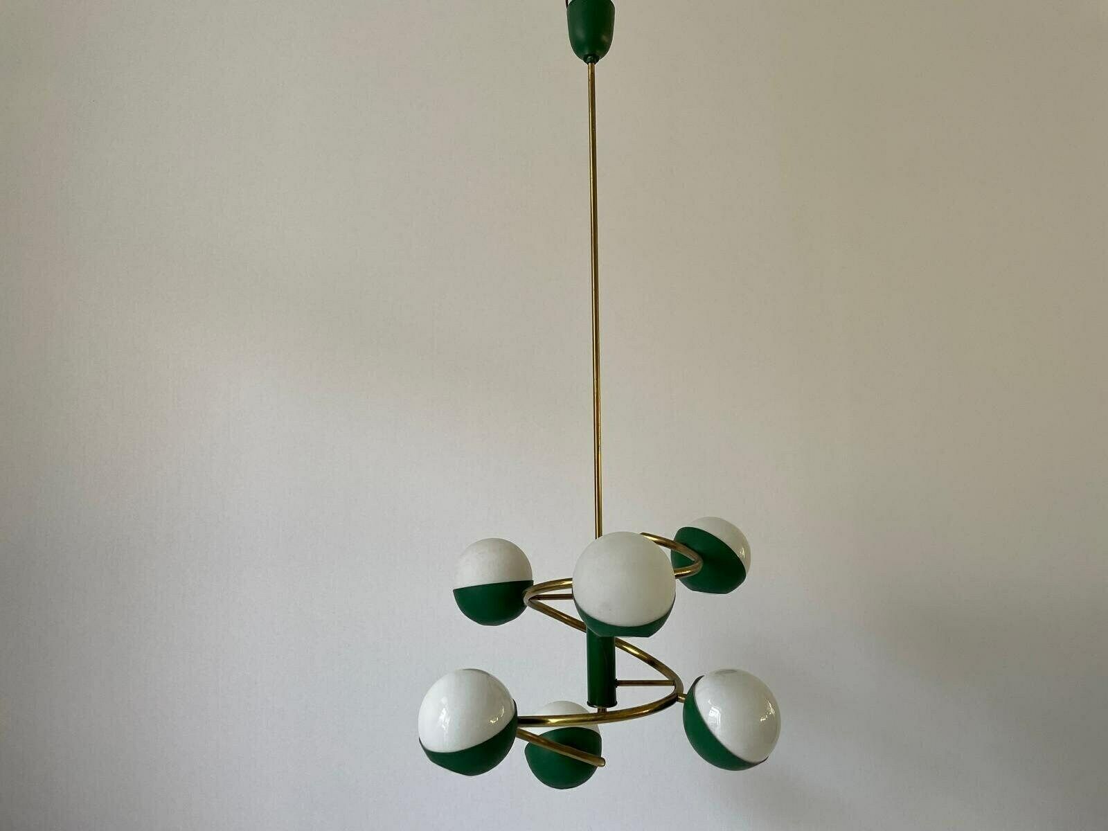 Exclusive Green Metal And Glass 6 Head Space Age Chandelier With Brass Circular Body, 1960s, Italy
