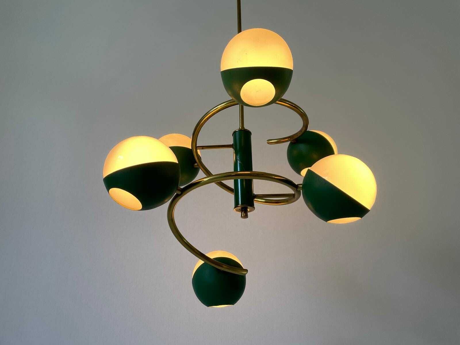Exclusive Green Metal And Glass 6 Head Space Age Chandelier With Brass Circular Body, 1960s, Italy photo Lighting
