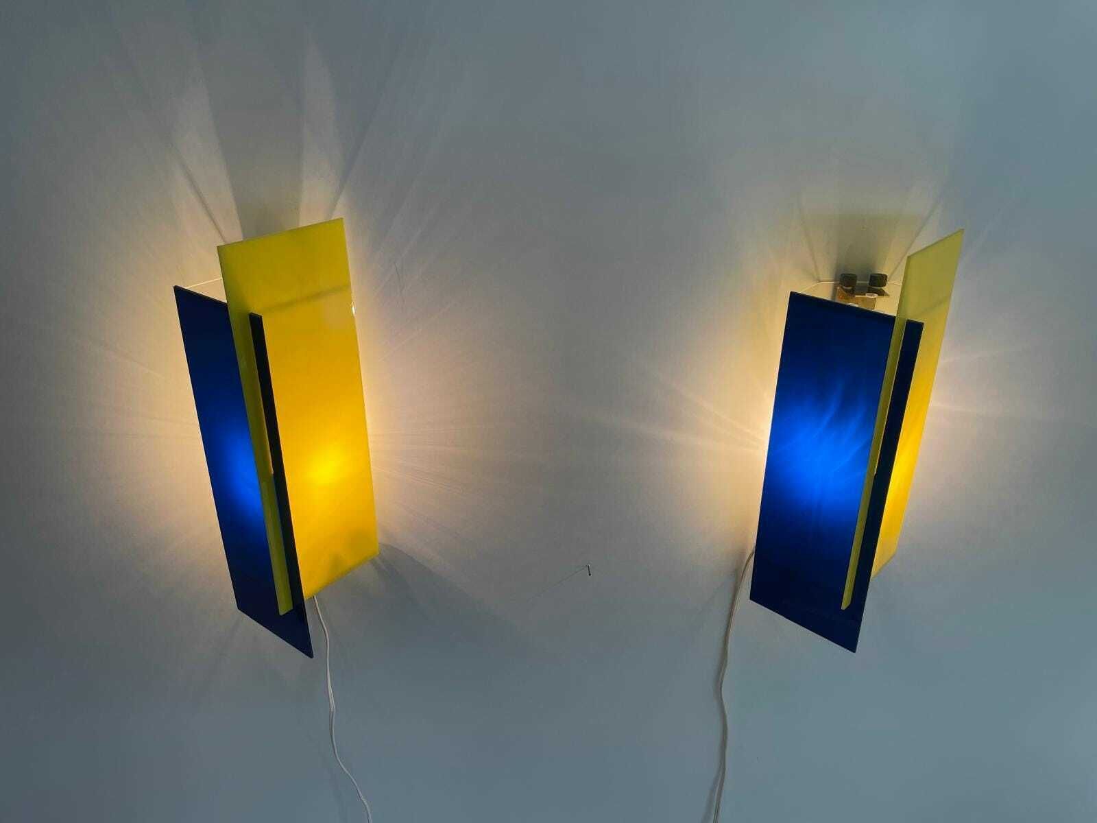 Italian Design Yellow And Dark Blue Plexiglass Shade Pair Of Sconces, 1950s, Italy photo 3341.0