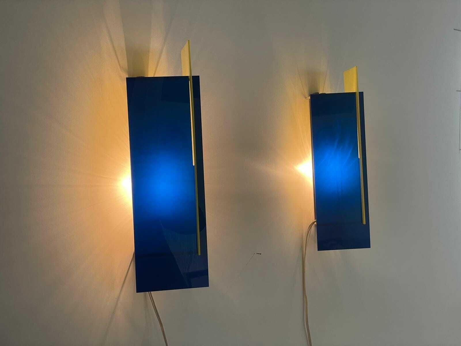 Italian Design Yellow And Dark Blue Plexiglass Shade Pair Of Sconces, 1950s, Italy photo vintage