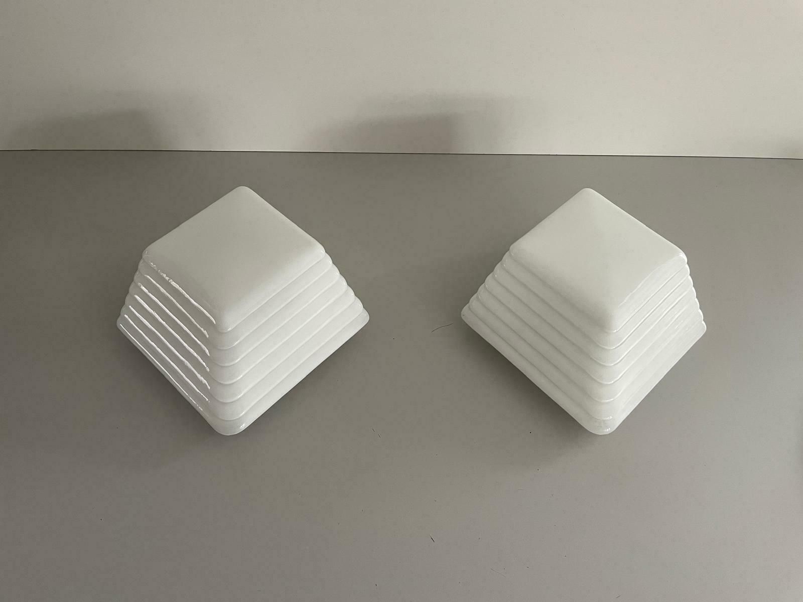 photo for sale Unusual Layered Design Milk Glass Pair Of Sconces By Leucos, 1970s, Italy