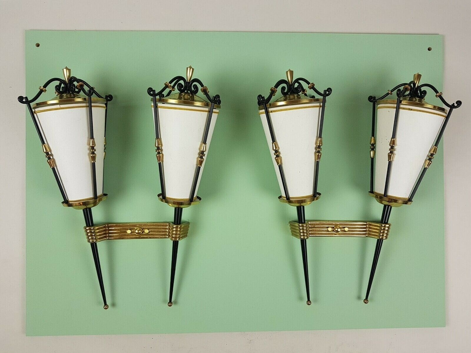 M. Kobis And R Lorence, Pair Of Double Sconces In Sheet Metal And Wrought Iron, Circa 1950