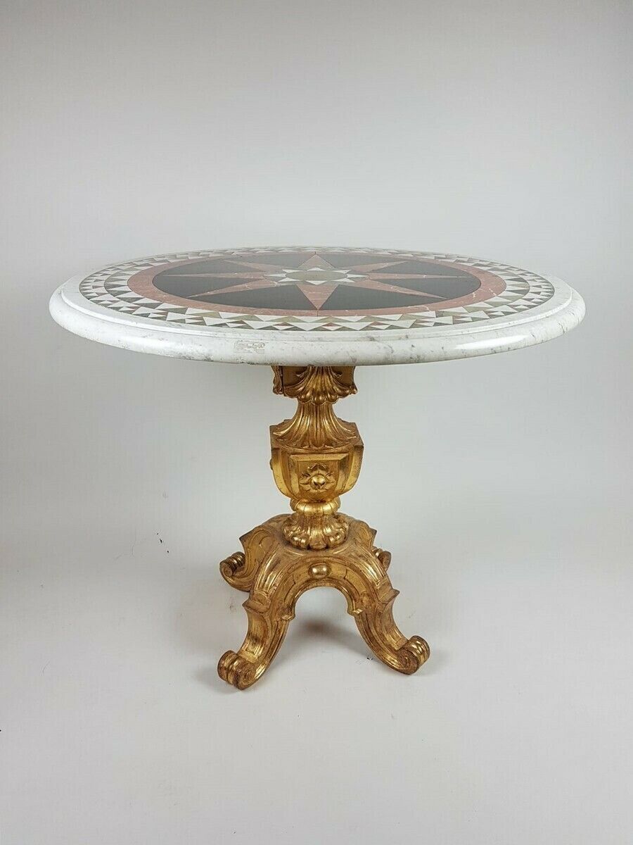 Pedestal Table With Inlaid Marble Tablet And Gilt Wood Base   Italy 19th Century photo furniture