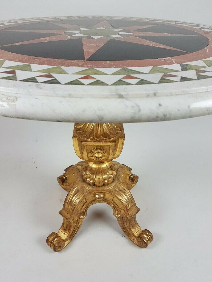 Pedestal Table With Inlaid Marble Tablet And Gilt Wood Base   Italy 19th Century photo vintage