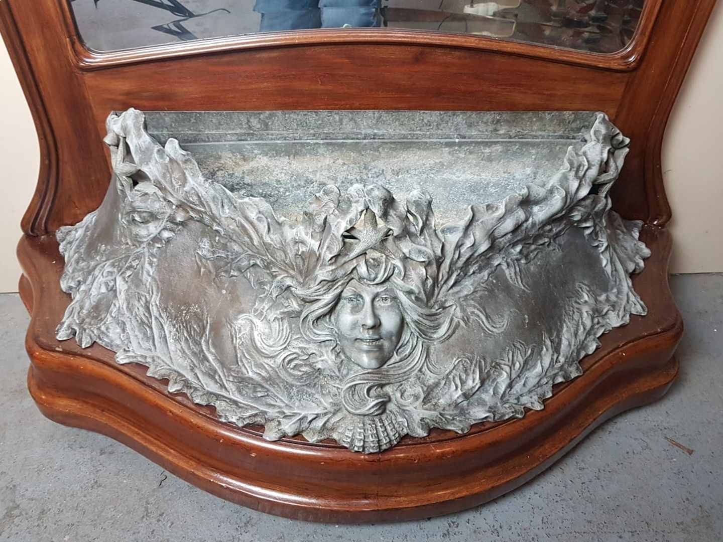 Art Nouveau Hall Mirror In Mahogany And Pewter Forming A Planter photo buy