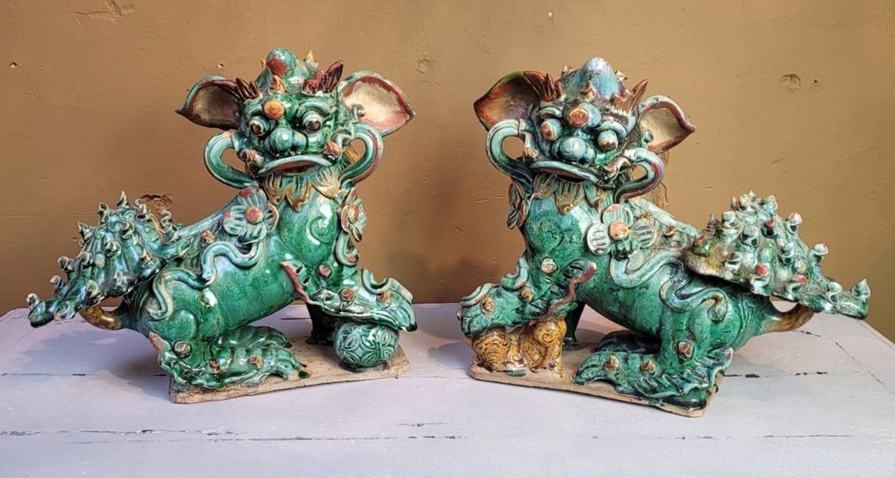 Pair Of Glazed Ceramic Foo Dogs   First Half Of The 20th Century