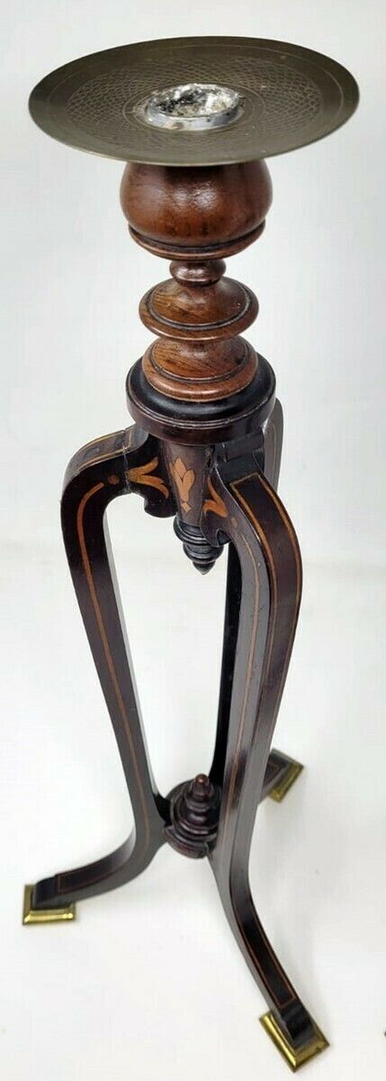 Pair Of Mahogany Marquetry Candlesticks   Tripod Base   Gilded Bronze Shoes photo 1150.0