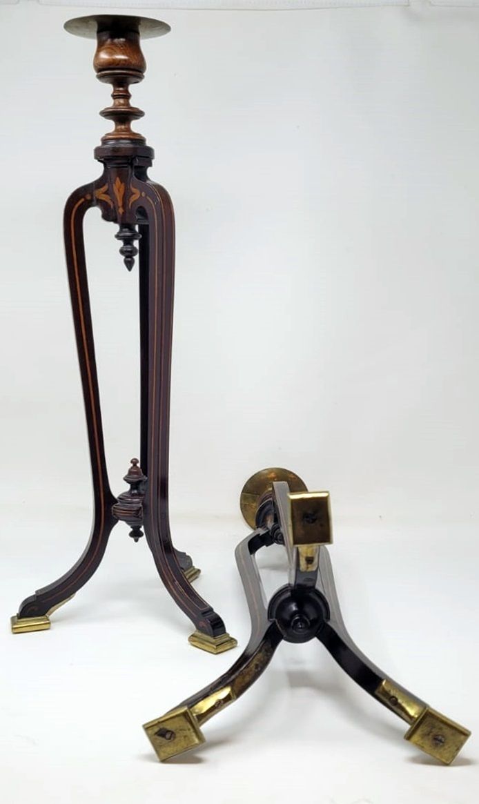 Pair Of Mahogany Marquetry Candlesticks   Tripod Base   Gilded Bronze Shoes photo vinterior