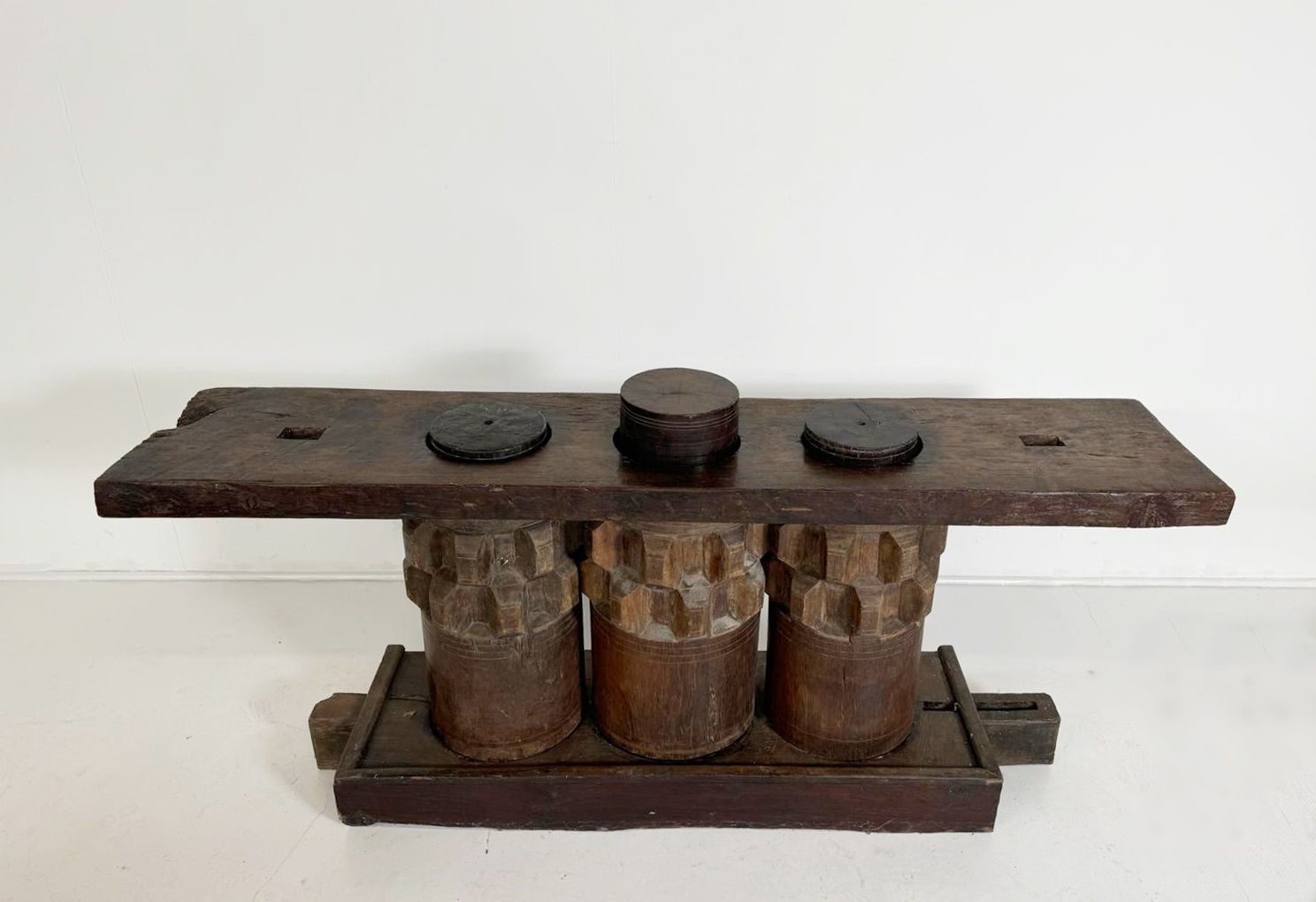 Wooden Console Made Of Sugar Cane Crusher Elements photo for sale