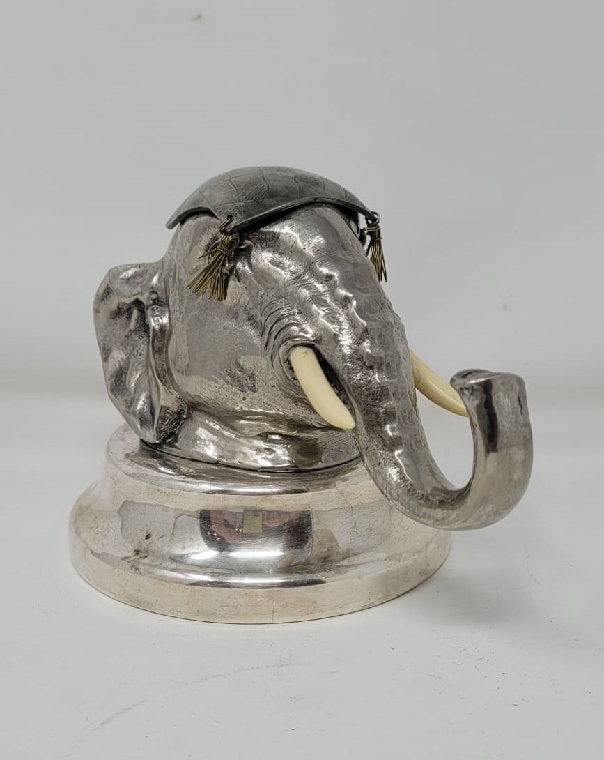 Beautiful Inkwell   Elephant Head In Silver Metal photo Art