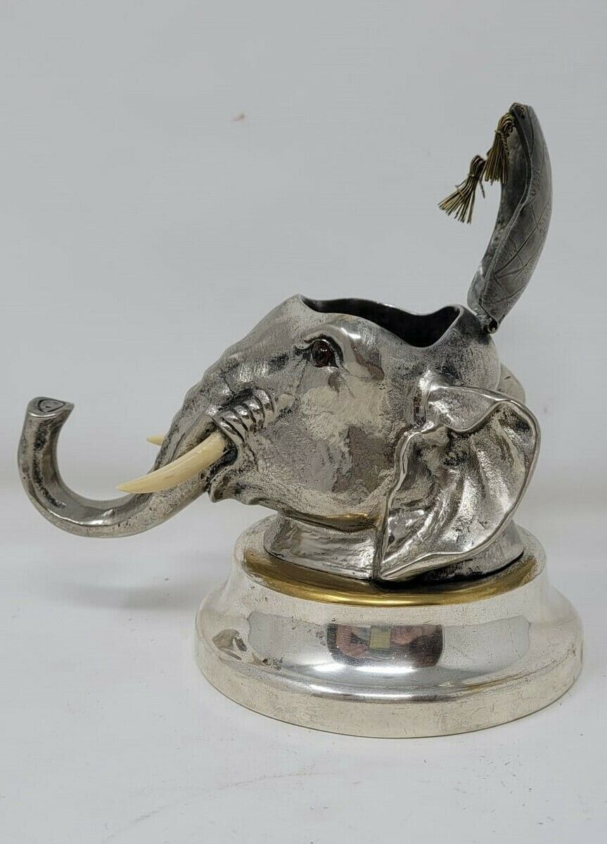 Beautiful Inkwell   Elephant Head In Silver Metal photo vintage