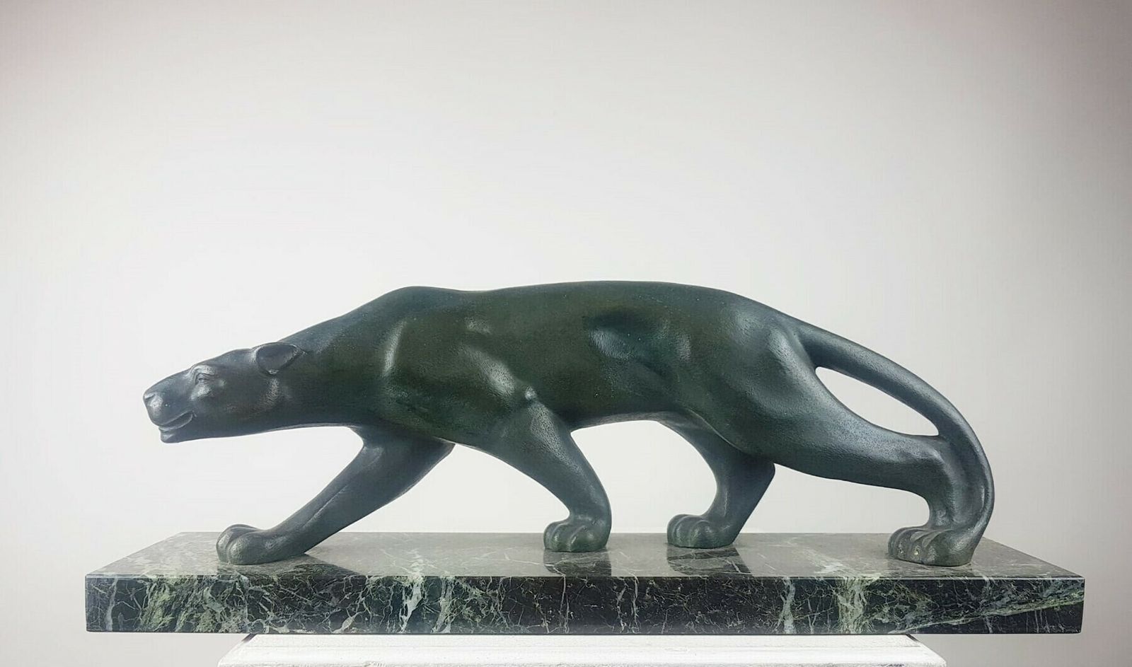 Bronze Lioness With Green Patina On Marble Base   Signed Secondo   Circa 1930