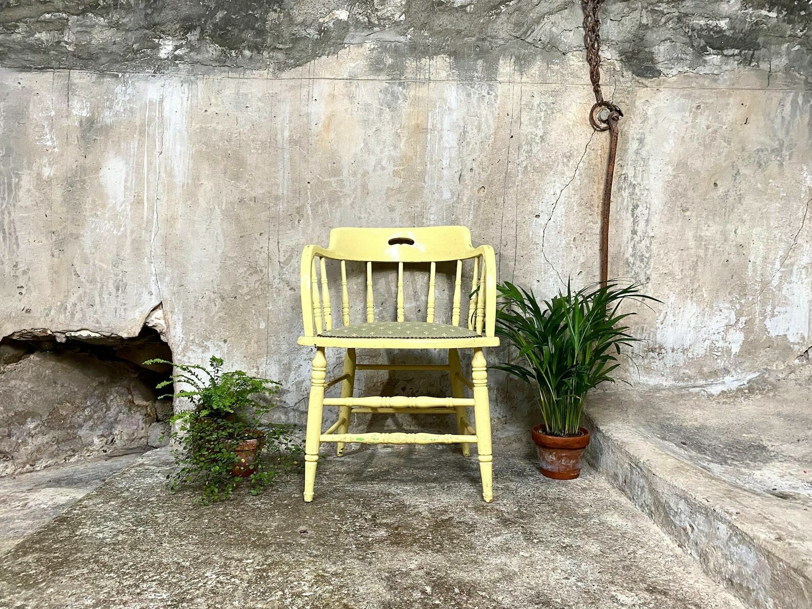 Antique Painted Wooden Chair   Professionally Upholstered