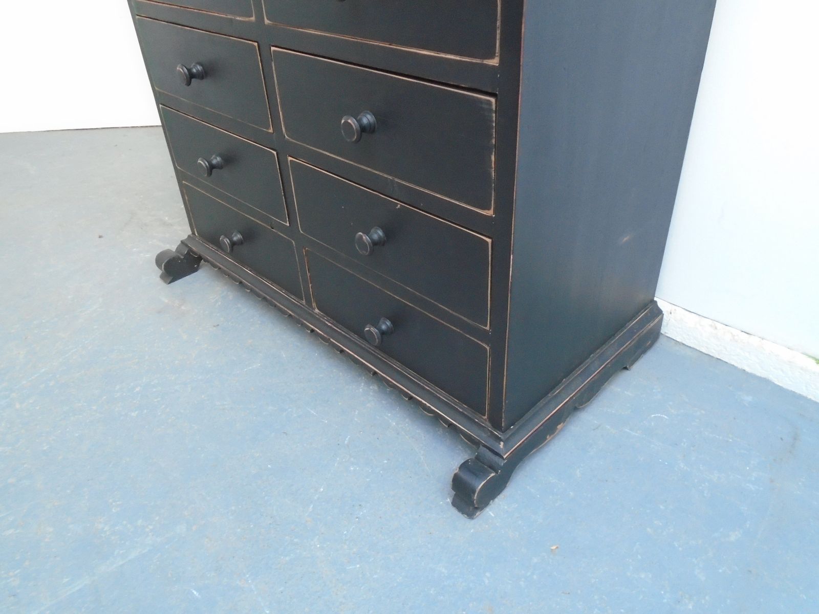 A Low & Wide Painted Black Victorian Pine 8 Drawer Chest Of Drawers photo for sale
