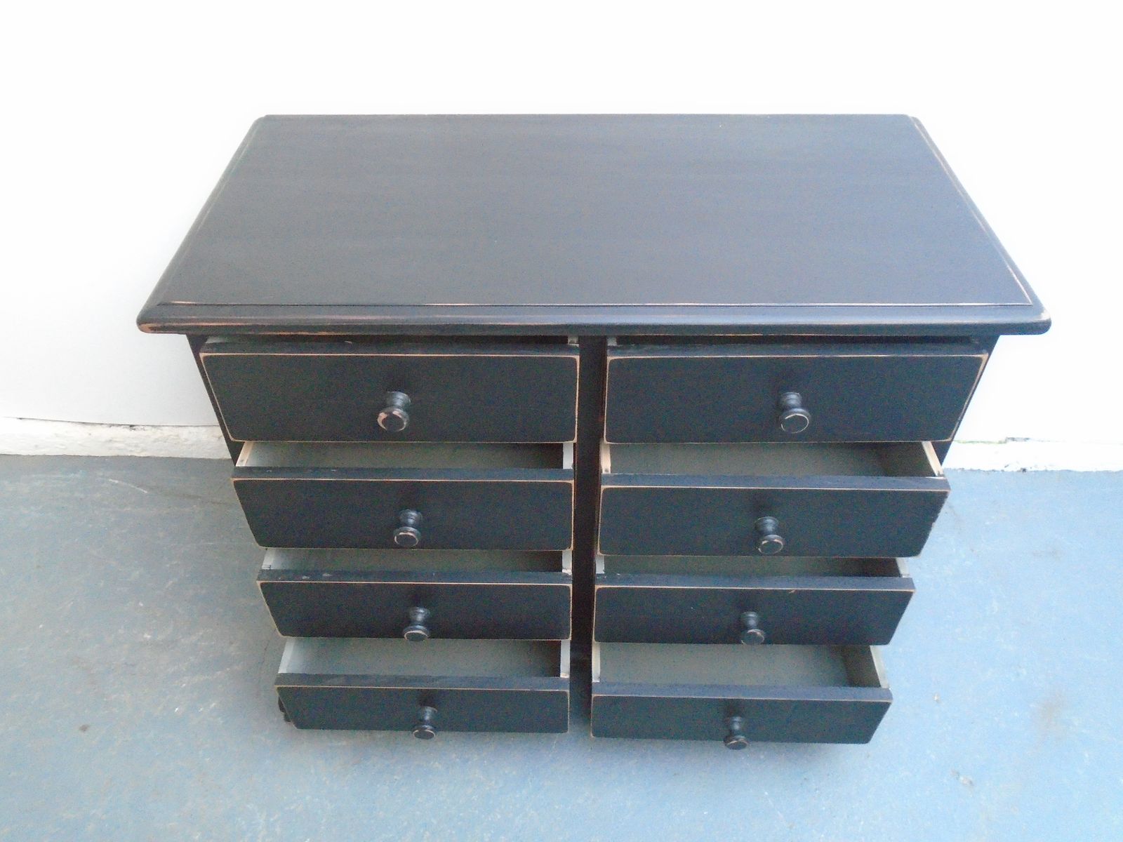 photo furniture A Low & Wide Painted Black Victorian Pine 8 Drawer Chest Of Drawers