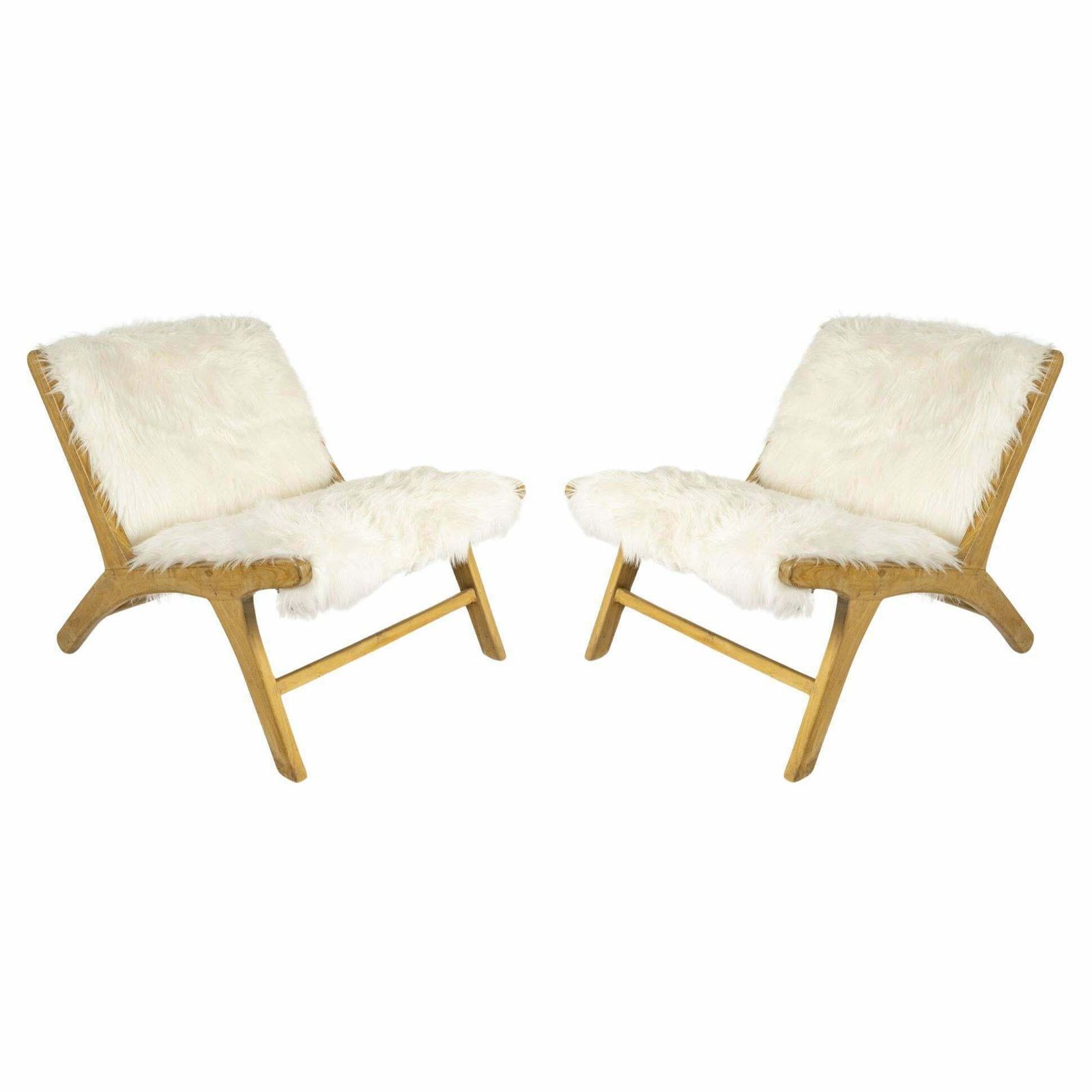 Pair Of Armchairs By Olivier Schrijver In White Synthetic Fur And Natural Wood.