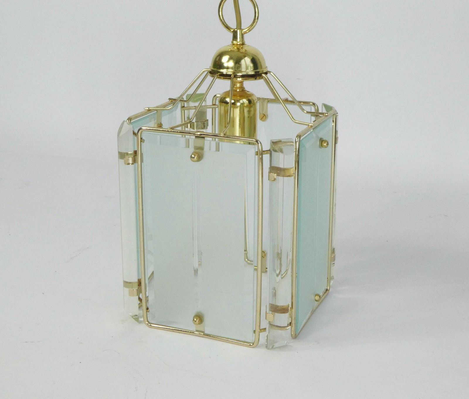 Vintage Italian Hanging Lamp With Glass Shade, Mid Century Beveled Glass Chandelier With Brass, Crystal Modern Lamp 70's photo Lighting