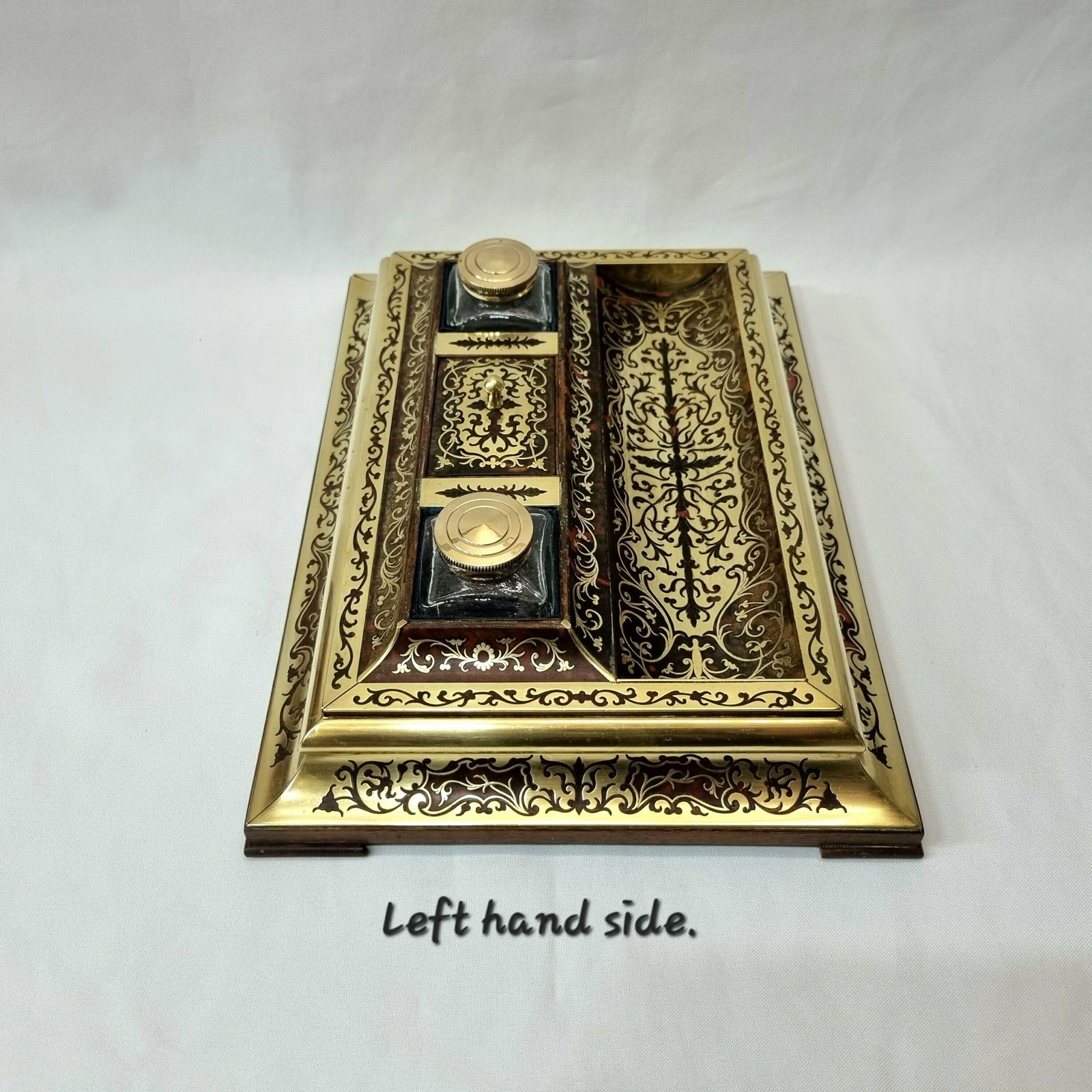 photo for sale Sensational French Napoleon III Antique Boulle Work Inkstand With Twin Inkwell Inserts, Stamp Compartment And A Generously Sized Pen Well.