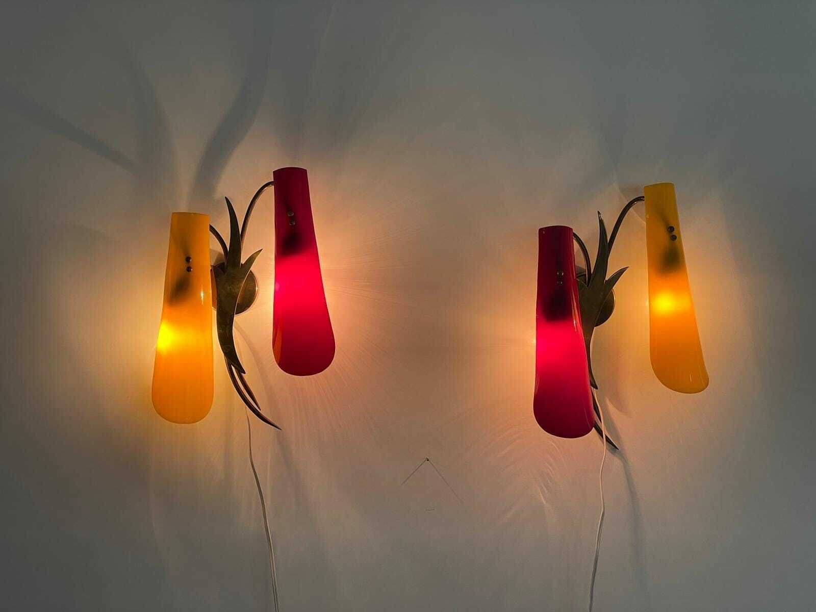 Red And Yellow Plexiglass Shade And Brass Pair Of Sconces, 1950s, Italy photo for sale