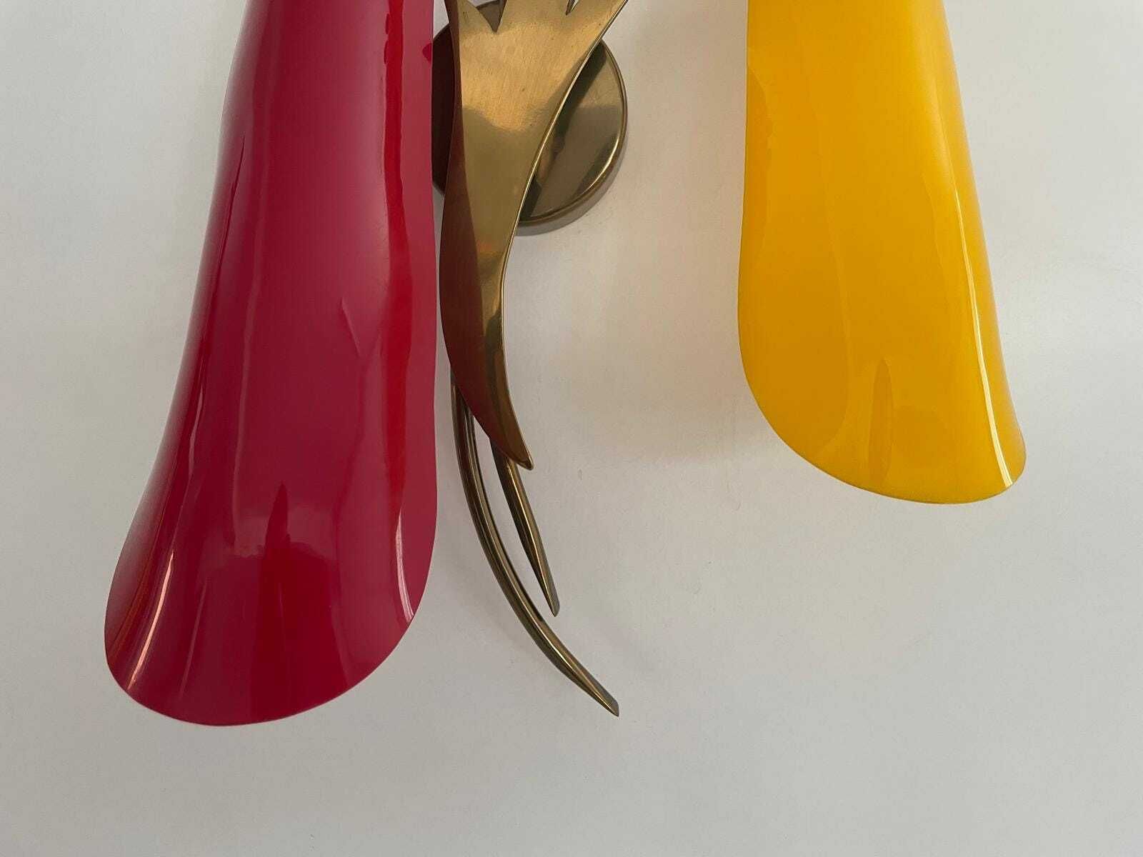 photo furniture Red And Yellow Plexiglass Shade And Brass Pair Of Sconces, 1950s, Italy