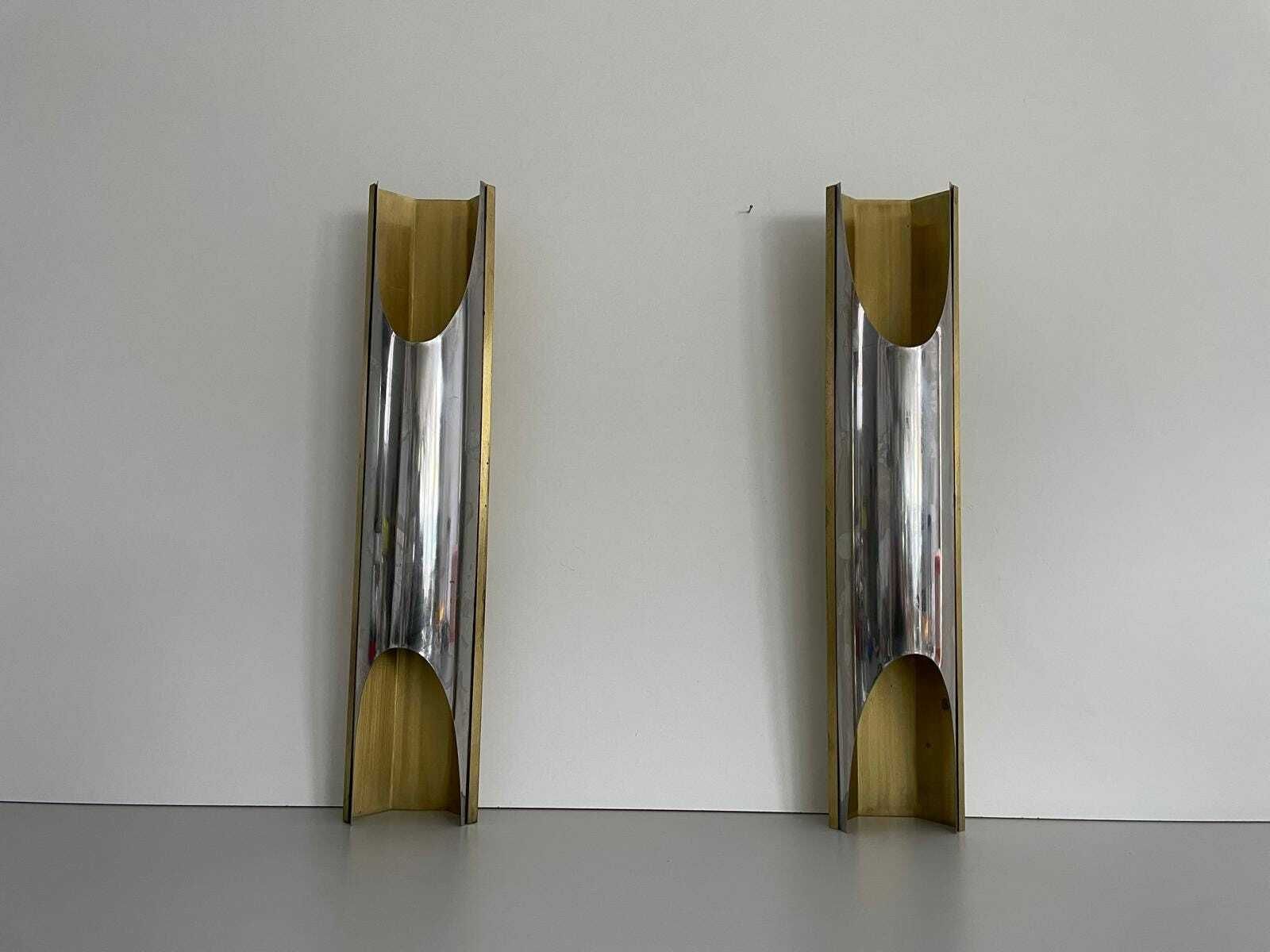 Italian Elegant Chrome And Gold Metal Pair Of Wall Lamps, 1960s, Italy photo for sale
