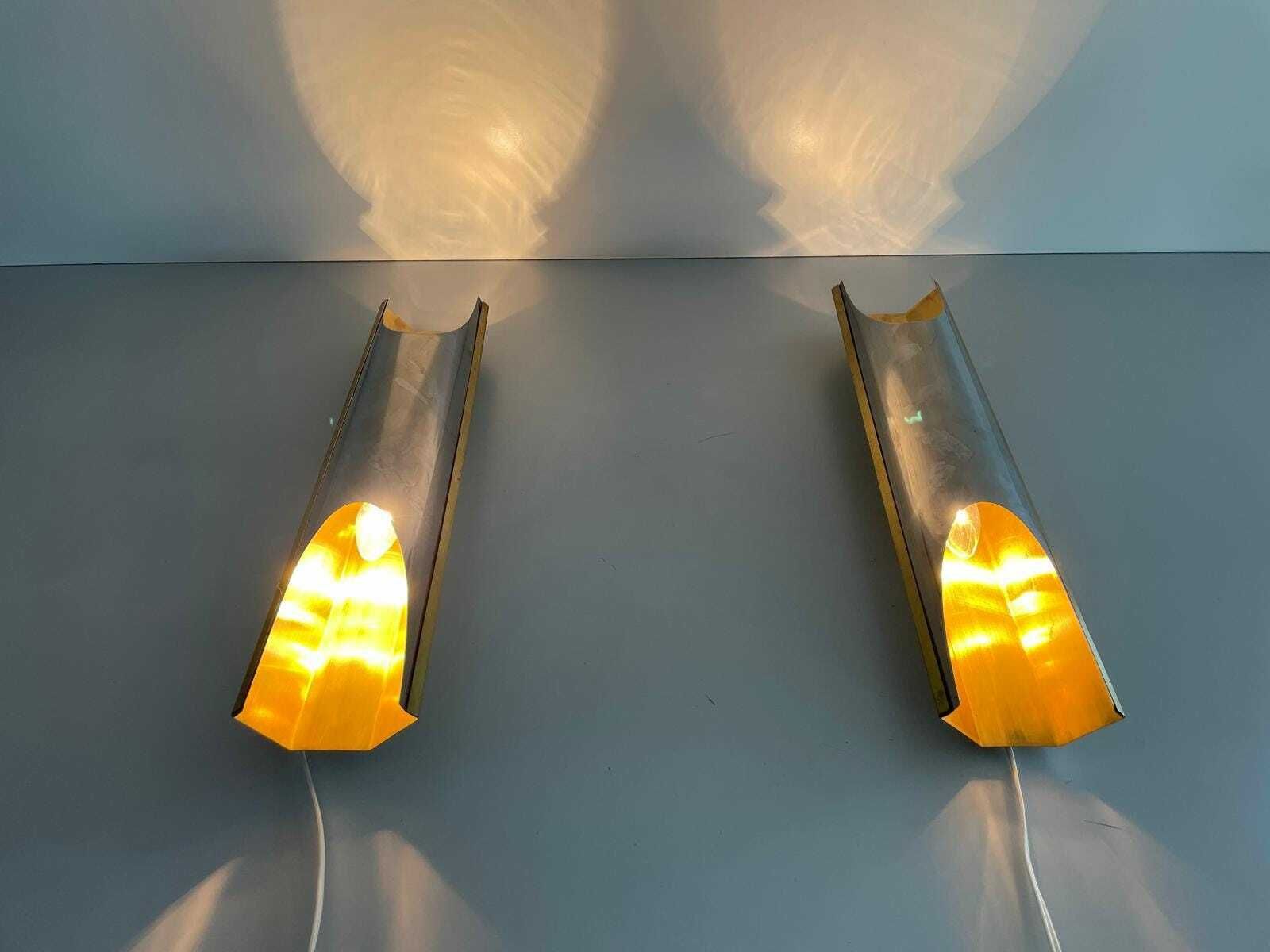 Italian Elegant Chrome And Gold Metal Pair Of Wall Lamps, 1960s, Italy photo vinterior