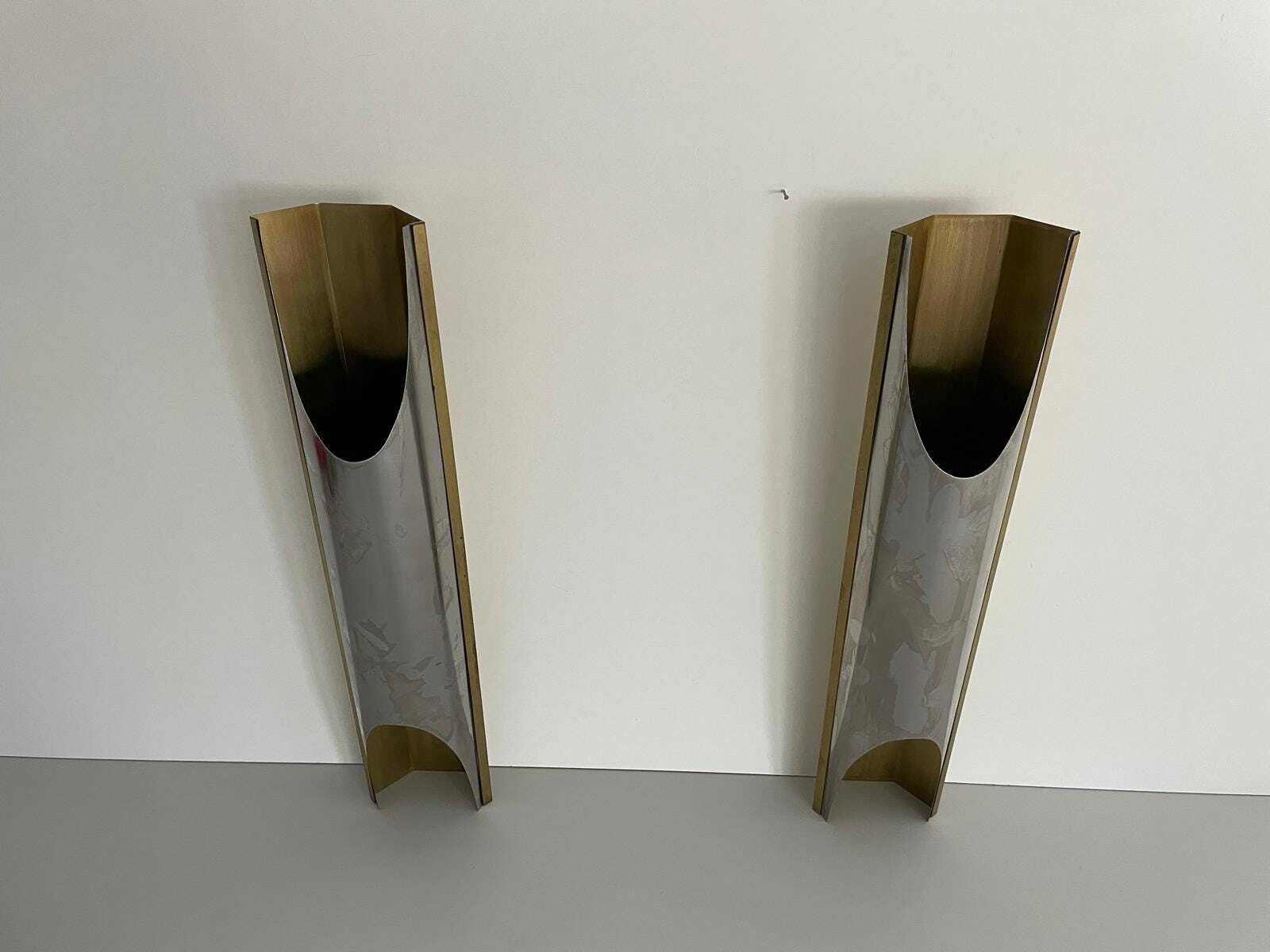 Italian Elegant Chrome And Gold Metal Pair Of Wall Lamps, 1960s, Italy photo buy