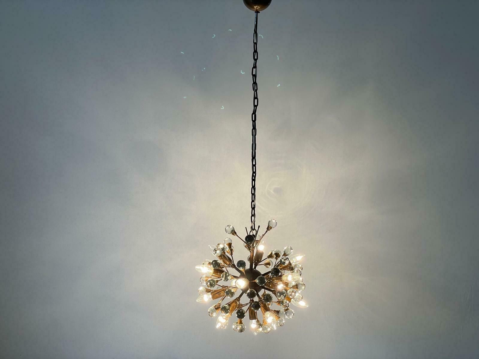 Wonderful 13 Armed Brass And Crystal Glass Atomic Chandelier By Vereinigte Werkstätten München, 1960s, Germany photo 3773.0