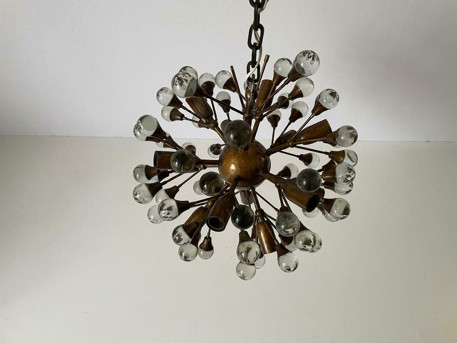 Wonderful 13 Armed Brass And Crystal Glass Atomic Chandelier By Vereinigte Werkstätten München, 1960s, Germany photo vinterior