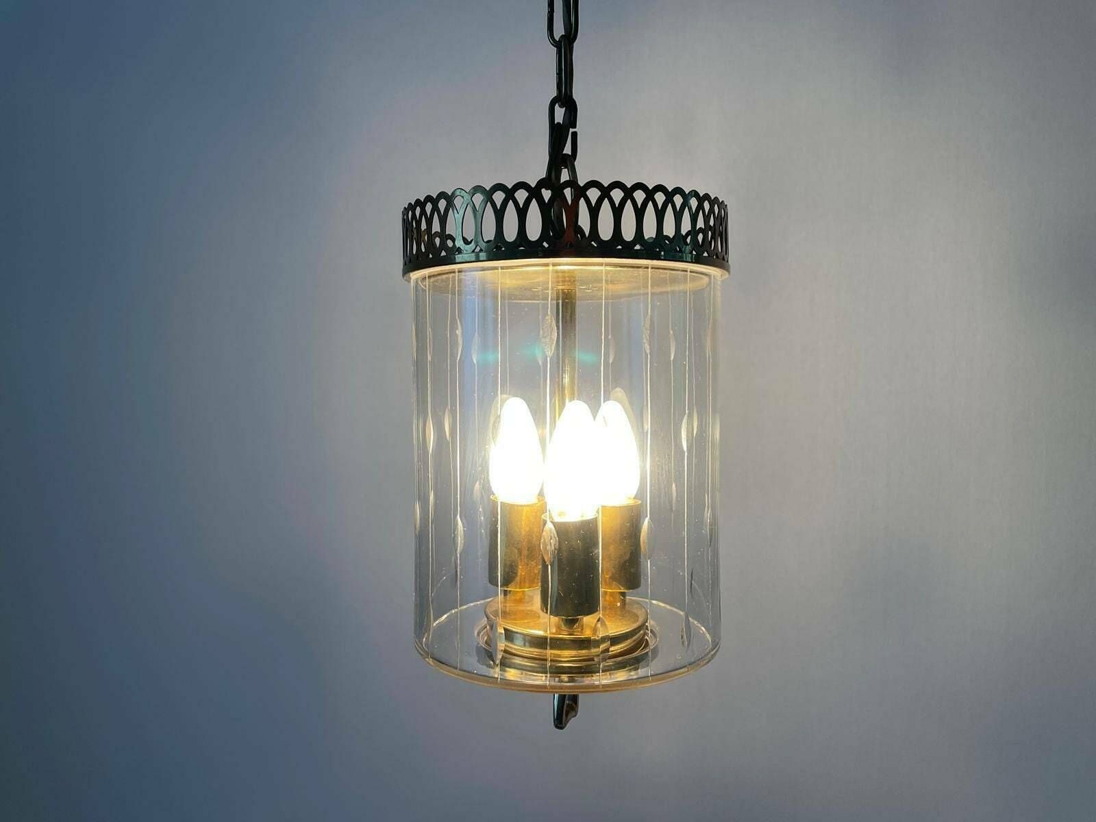 Italian Lantern Style Art Deco Glass And Brass Ceiling Lamp, 1950s, Italy