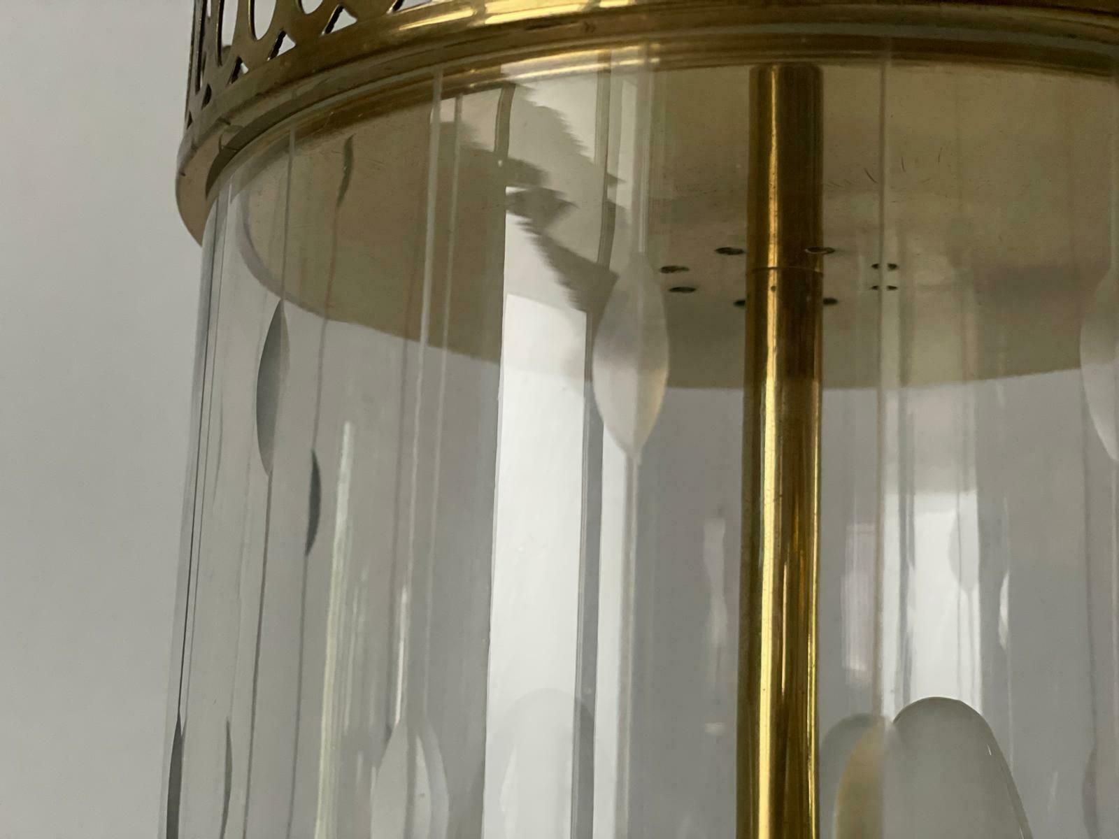 photo for sale Italian Lantern Style Art Deco Glass And Brass Ceiling Lamp, 1950s, Italy