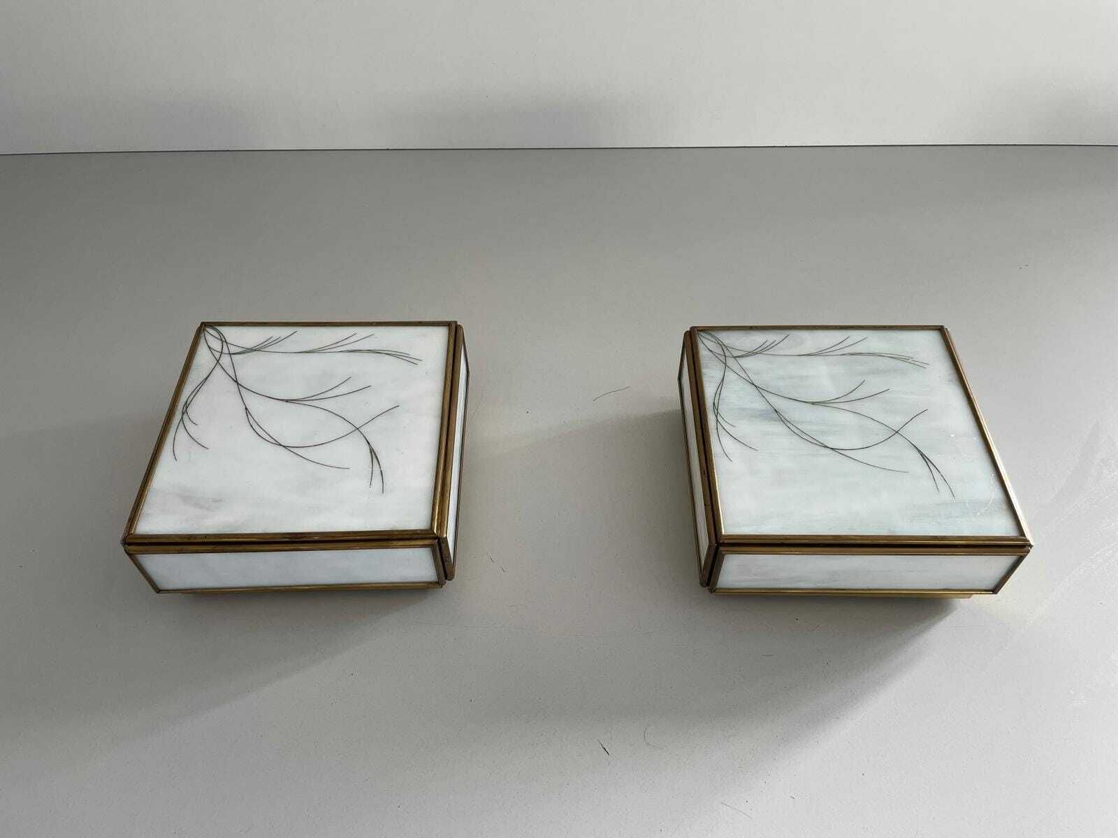 Italian Art Glass Square Shaped Pair Of Sconces With Brass Frame, 1960s, Italy photo for sale