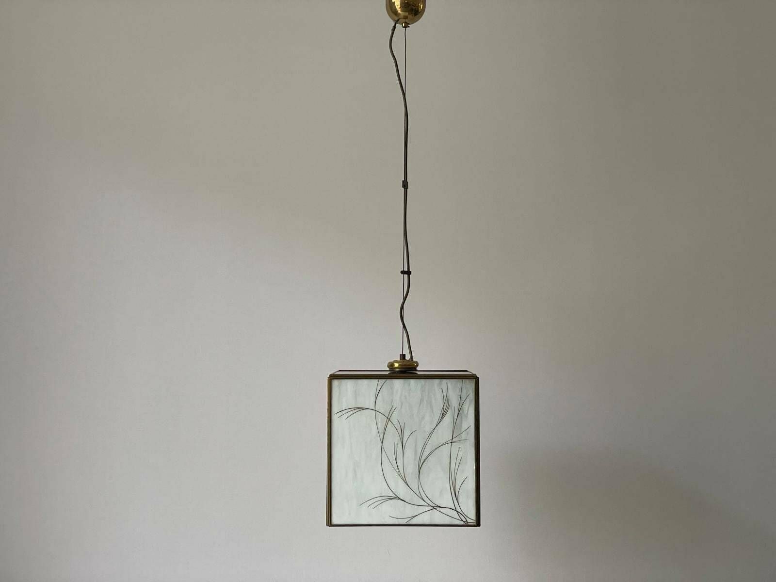 Italian Art Glass Square Shaped Ceiling Lamp With Brass Frame, 1960s, Italy