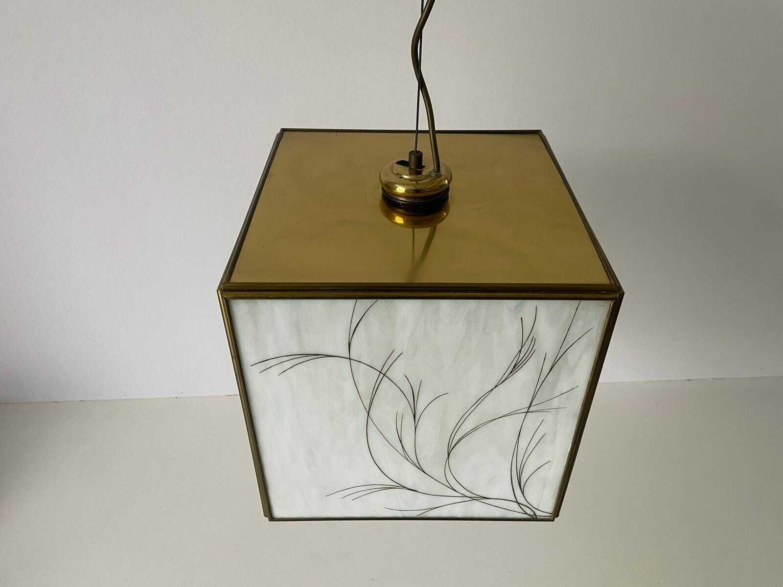Italian Art Glass Square Shaped Ceiling Lamp With Brass Frame, 1960s, Italy photo 2210.0