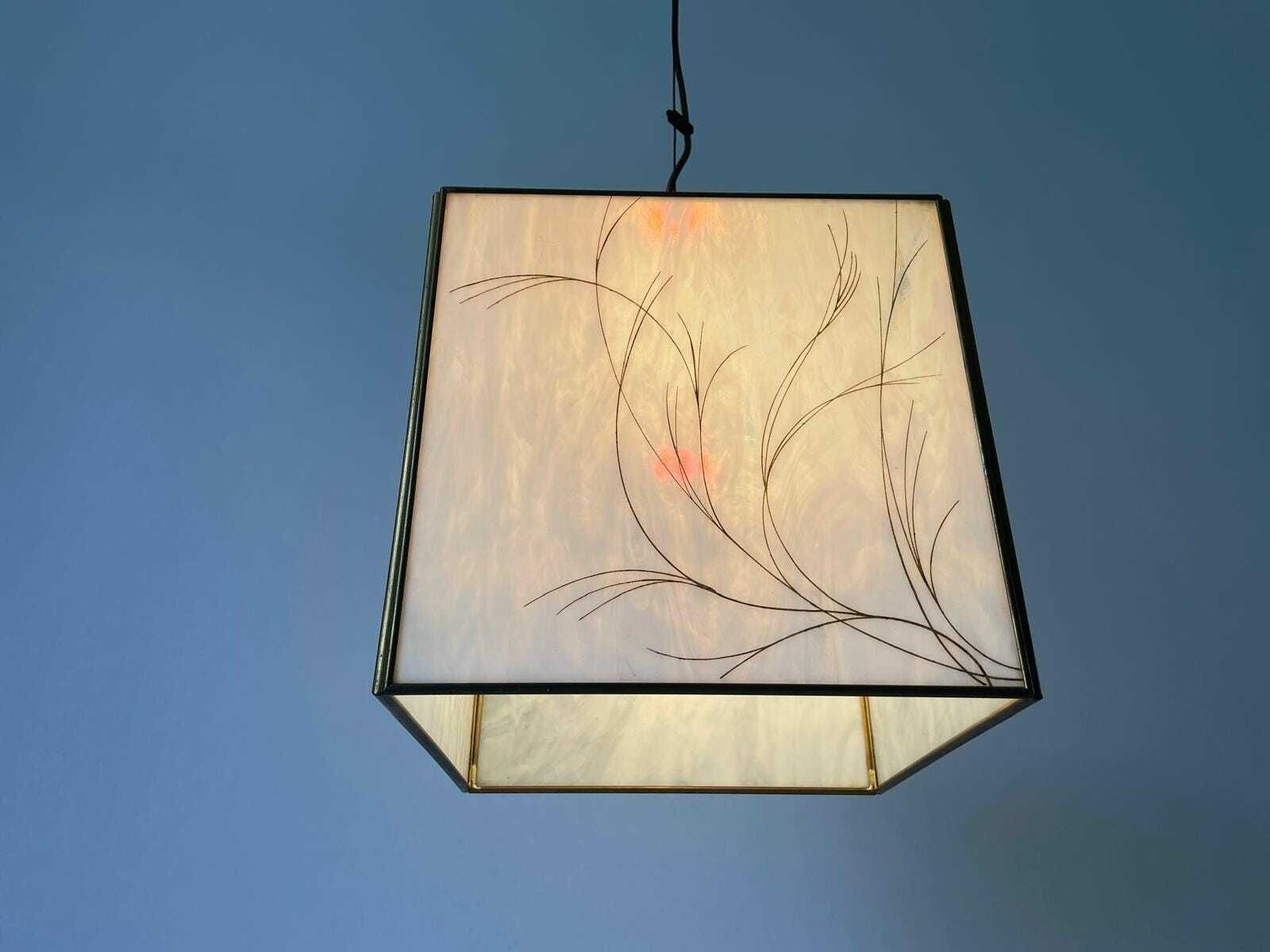 Italian Art Glass Square Shaped Ceiling Lamp With Brass Frame, 1960s, Italy photo vinterior