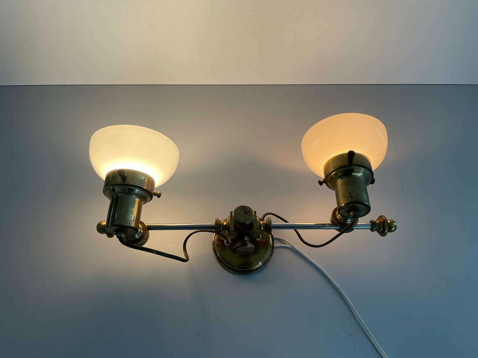photo for sale Mid Century Modern 2 Head Opaline Glass And Brass Wall Lamp, 1960s, Italy