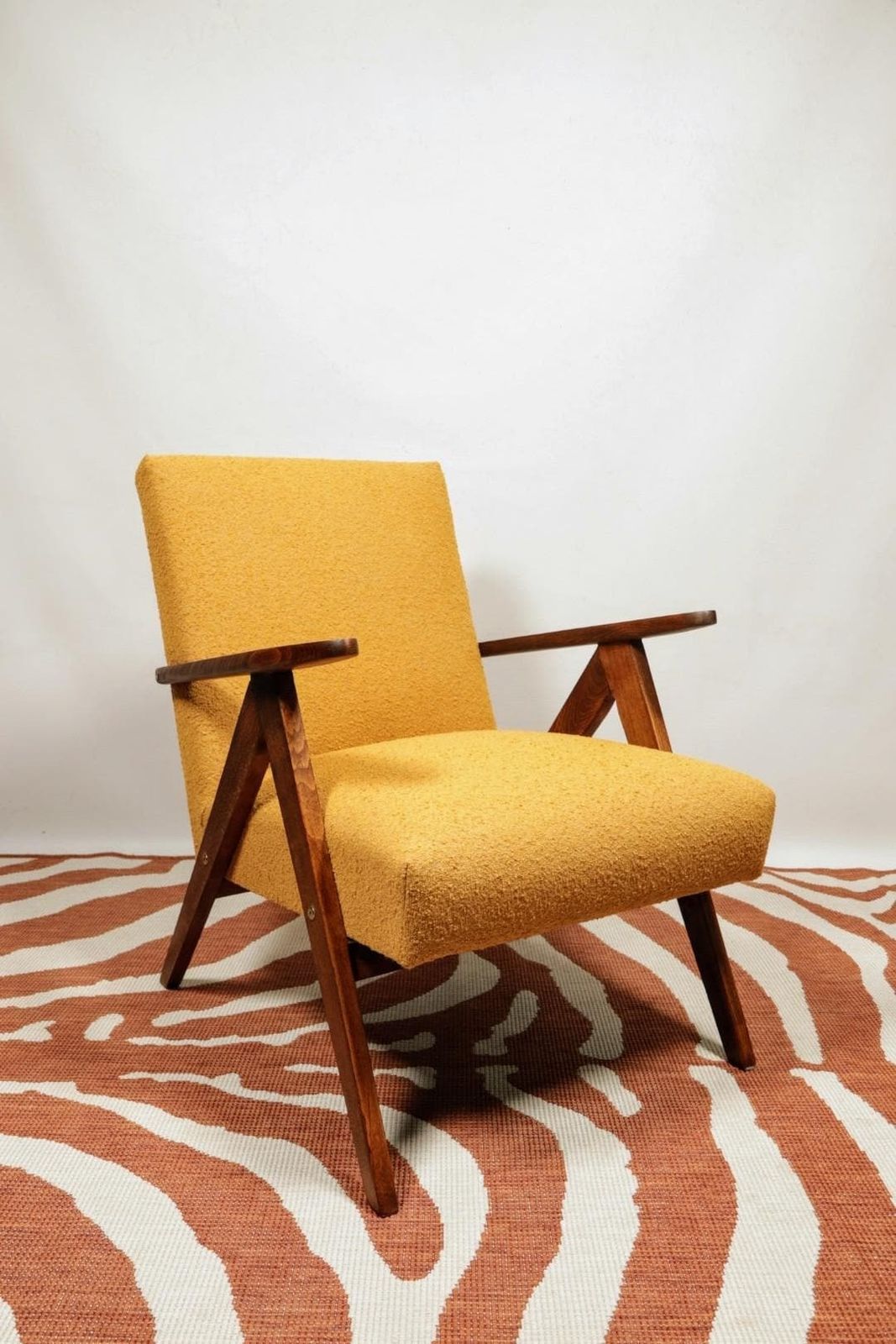 Mid   Century Armchair Yellow Color Boucle Scandinavian Design Wooden Lounge Chair photo furniture