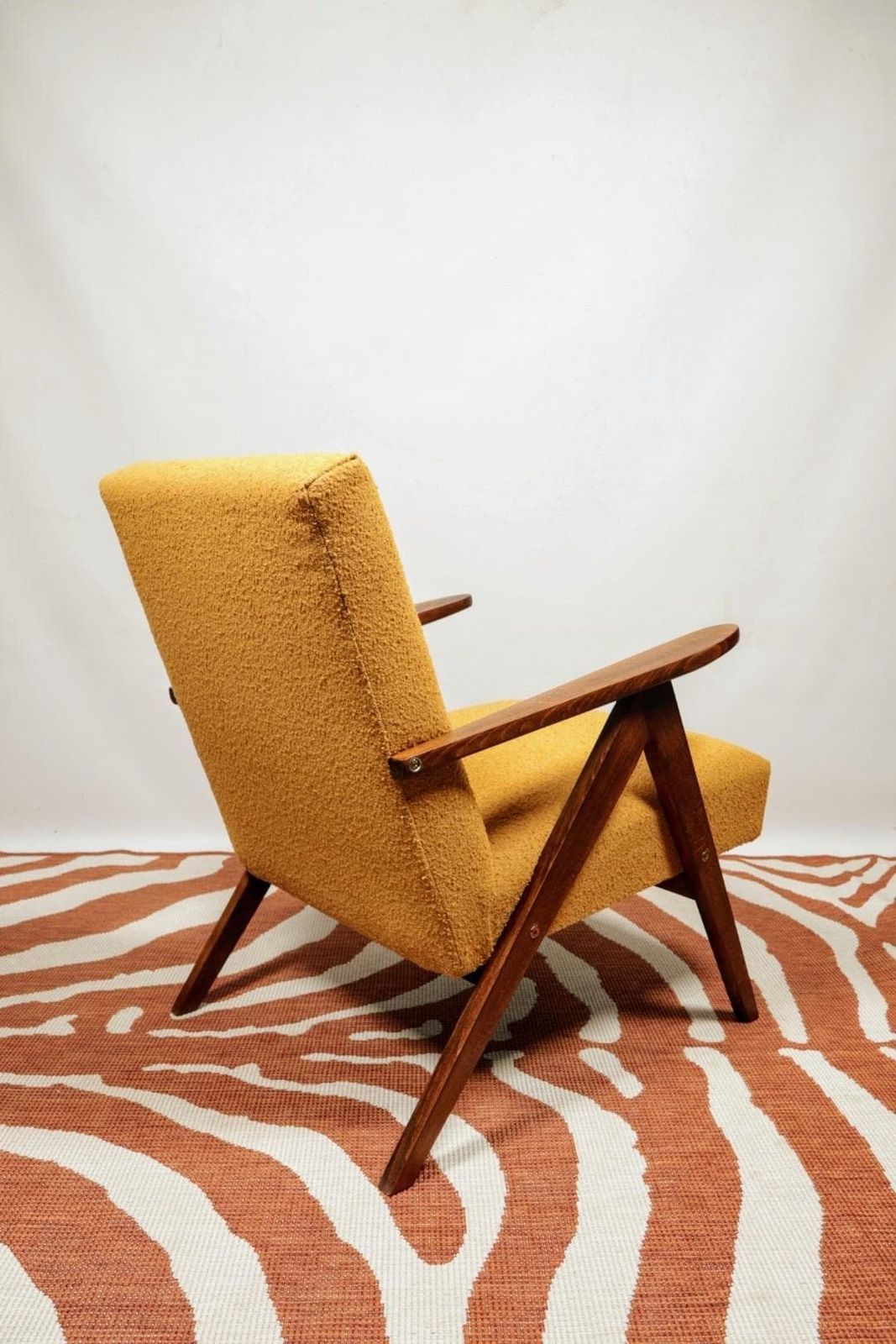 Mid   Century Armchair Yellow Color Boucle Scandinavian Design Wooden Lounge Chair photo for sale