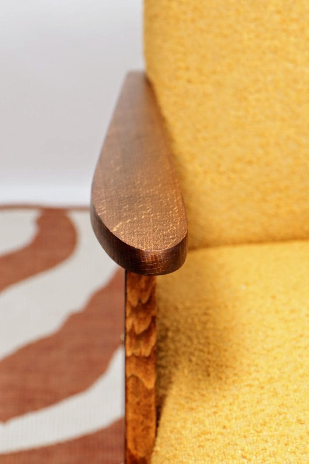 Mid   Century Armchair Yellow Color Boucle Scandinavian Design Wooden Lounge Chair photo vinterior