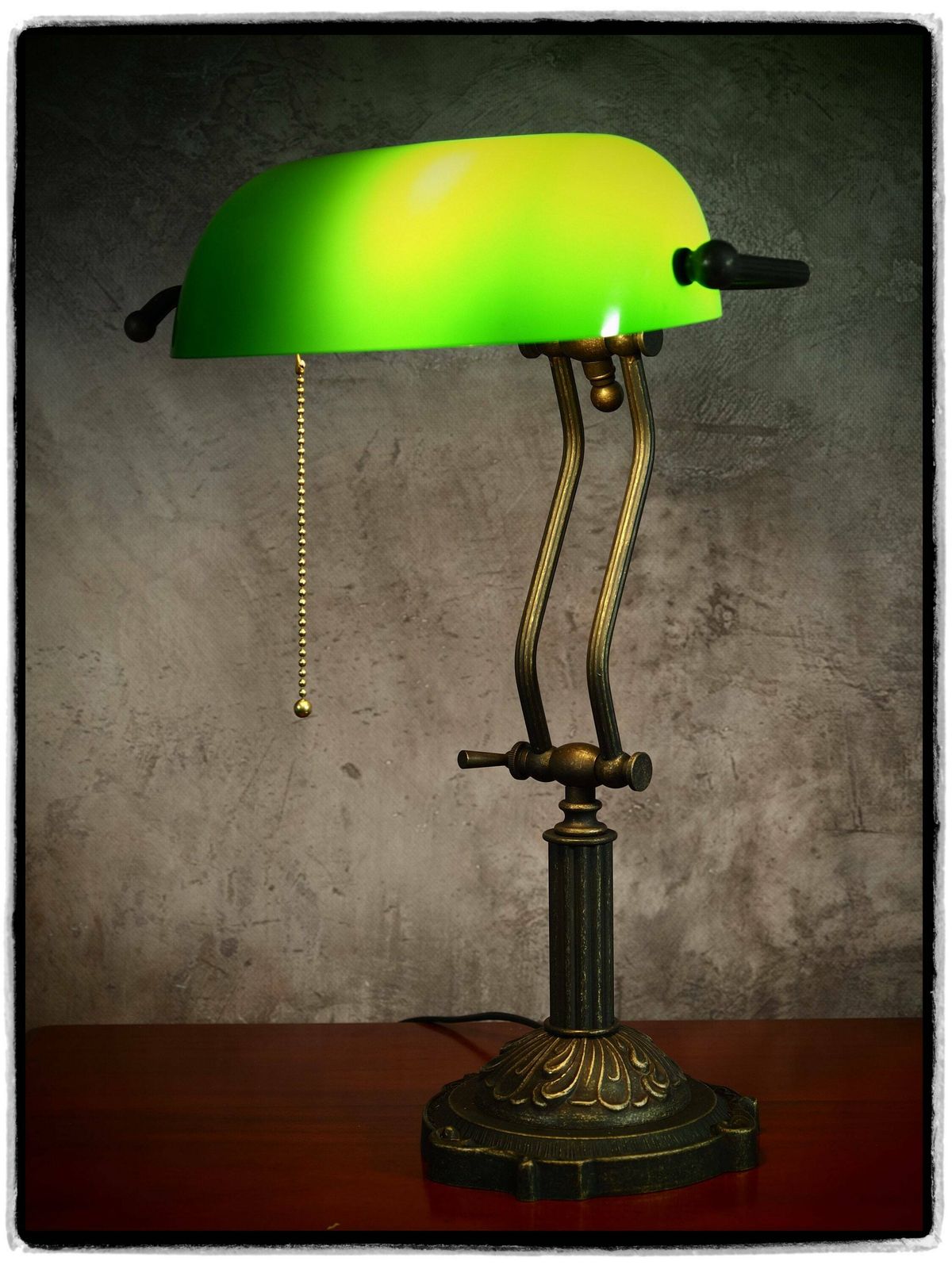 Classic Banker's Lamp   Green Glass Shade With High Gloss Brass For Timeless Elegance photo for sale