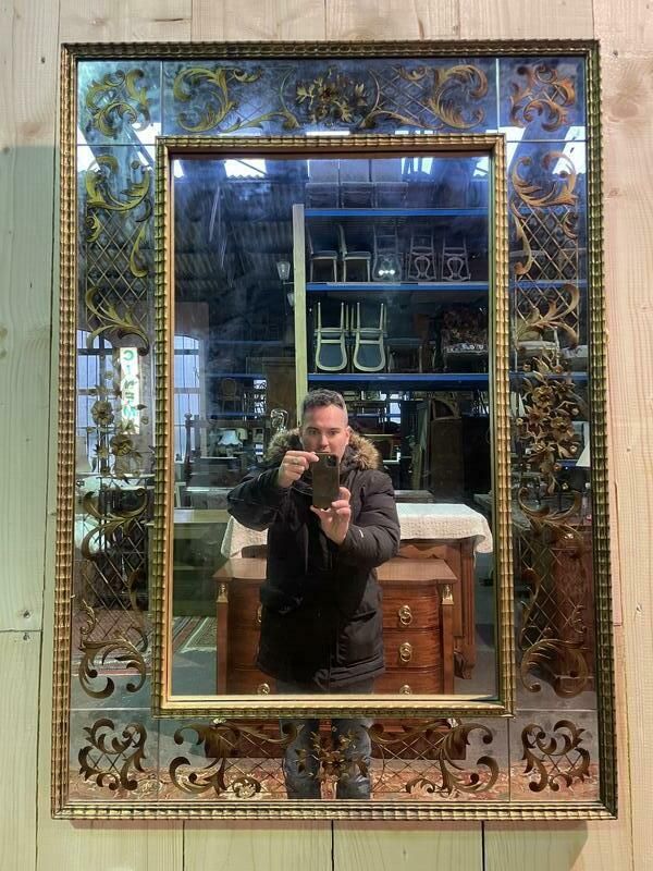 Miroir Vénitien En Verre églomisé Et  Bois Doré