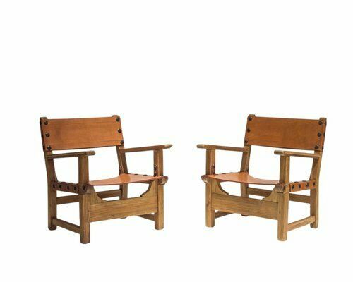 Mid Century Spanish Brutalist Armchairs In Cognac Leather, 1950s, Set Of 2