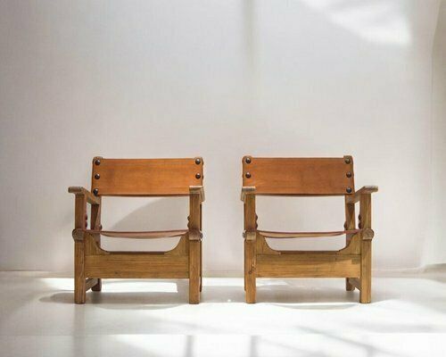 Mid Century Spanish Brutalist Armchairs In Cognac Leather, 1950s, Set Of 2 photo buy