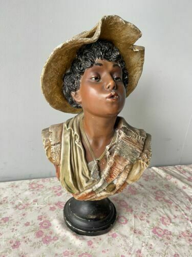 Antique Vintage 19th Century Dutch Beautiful Plaster Bust Of Young Man In Hat