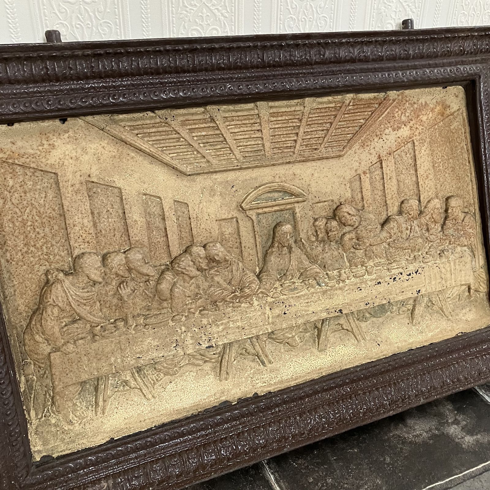 Antique Salvaged 19th Century Framed Cast Iron Relief Panel Of Da Vinci's The Last Supper photo Art