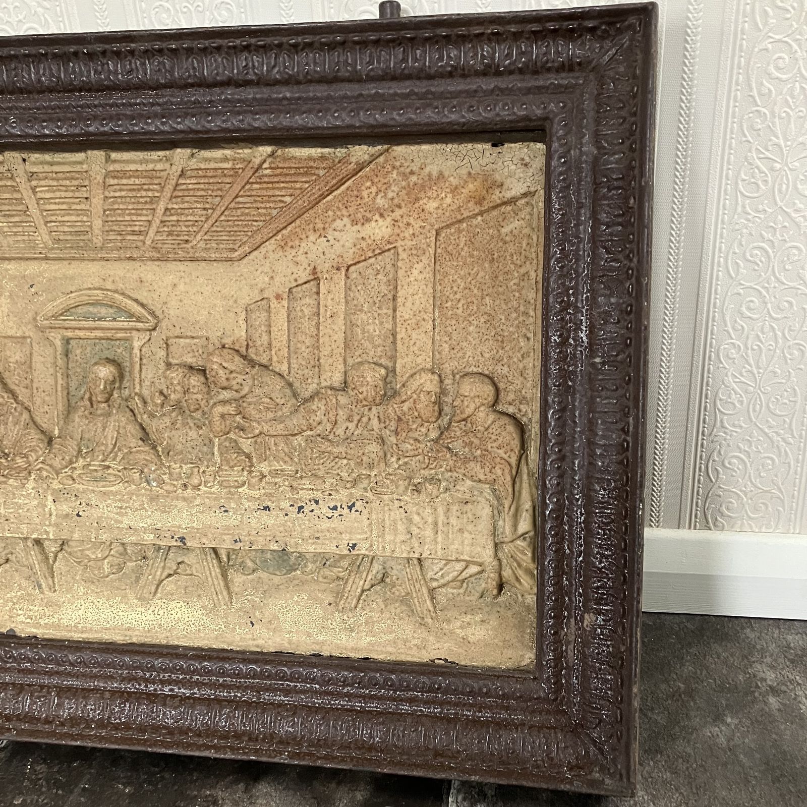 Antique Salvaged 19th Century Framed Cast Iron Relief Panel Of Da Vinci's The Last Supper photo vintage