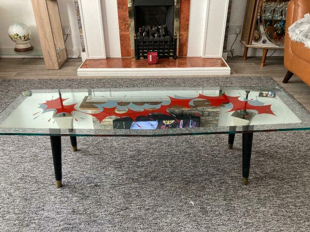 Italian Glass Top Coffee Table With Red And Grey Mid Century Abstract Art