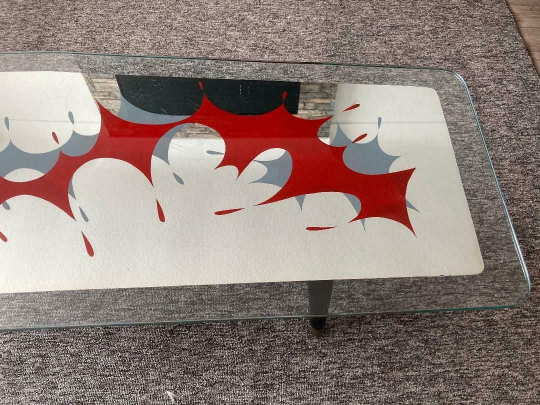 Italian Glass Top Coffee Table With Red And Grey Mid Century Abstract Art photo for sale