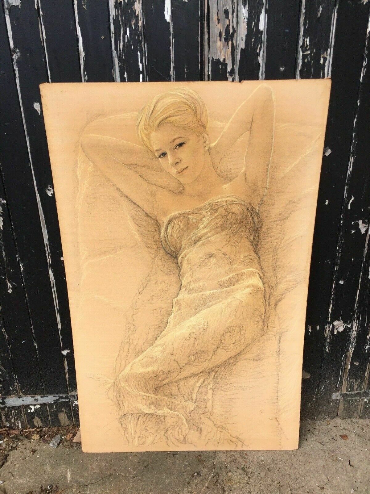 Original Mid Century Painting Nicholas Egon Chalk Portrait Artwork Erotic 1960s photo furniture
