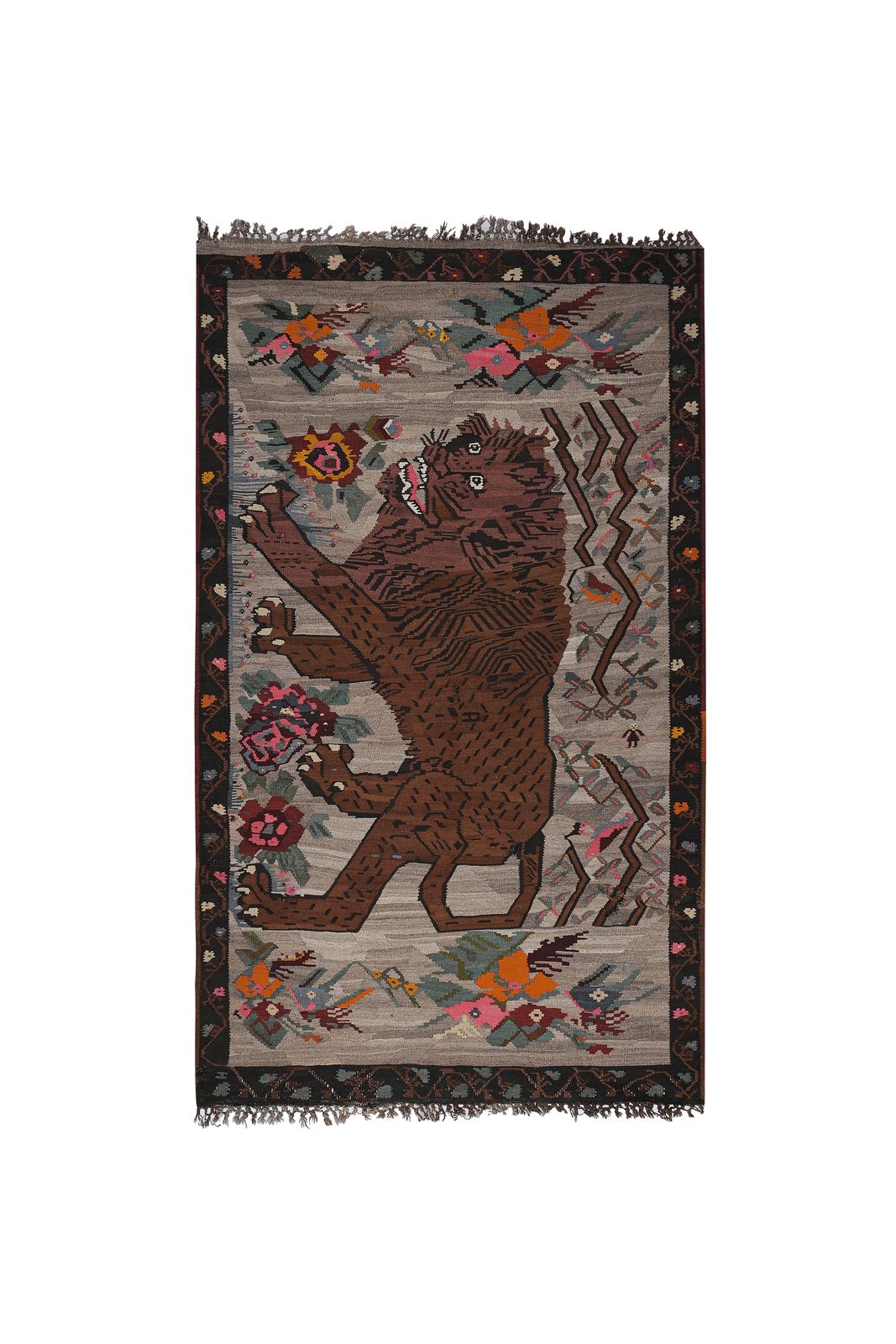 Vintage Anatolian Gabbeh Lion Kilim Rug 6'6'' X 11'1'' photo for sale